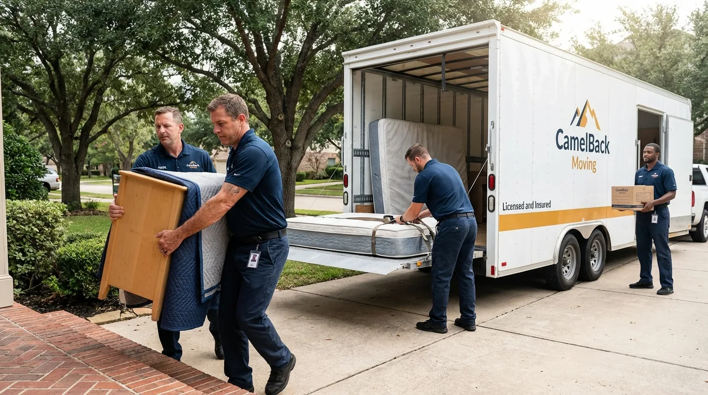 Crew loading residential truck for cross-state move from Stromsburg, NE