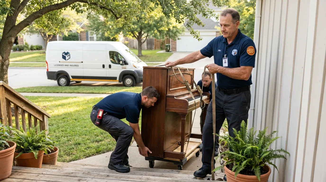 Licensed piano movers securing grand piano in Stromsburg, NE