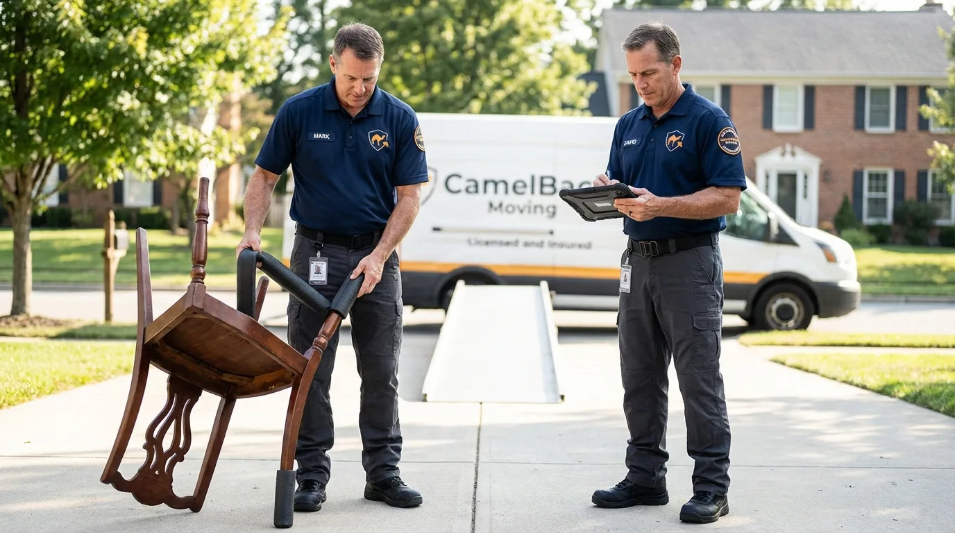 Movers inspecting furniture for damage prevention before loading in Stromsburg, NE